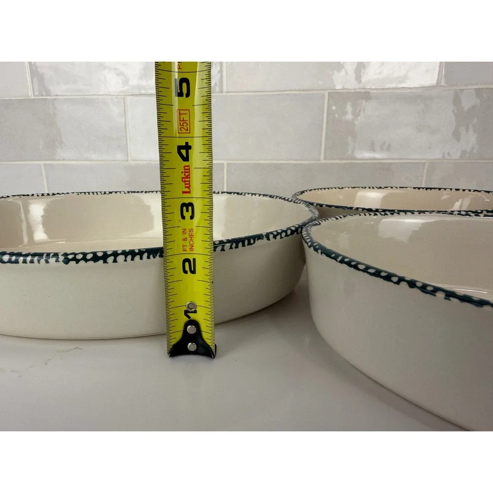 Nesting Bowls Oval Stoneware Heart Tulip Set of 3 Cream Green Country 90s